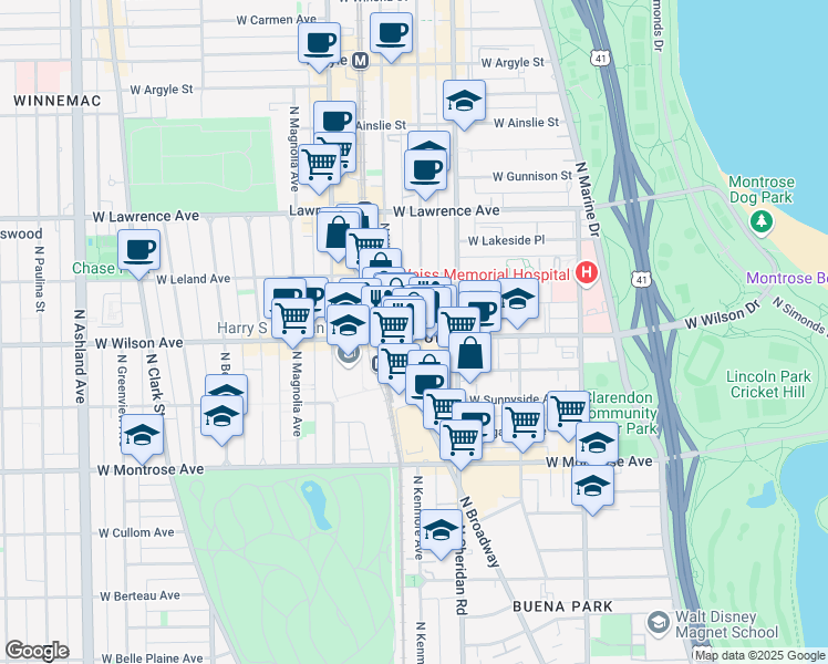 map of restaurants, bars, coffee shops, grocery stores, and more near 1054 West Wilson Avenue in Chicago