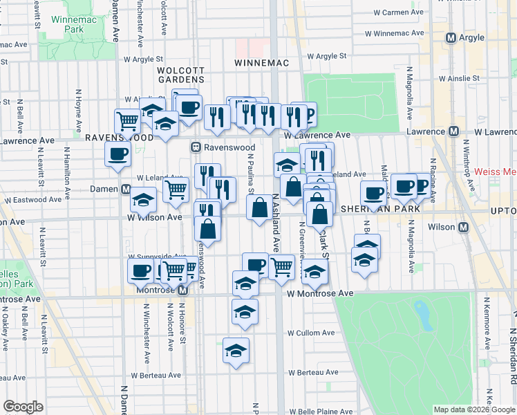 map of restaurants, bars, coffee shops, grocery stores, and more near 4613 North Paulina Street in Chicago