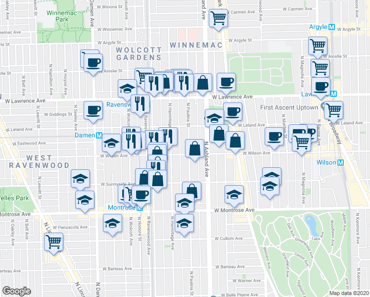 map of restaurants, bars, coffee shops, grocery stores, and more near 4605 North Hermitage Avenue in Chicago