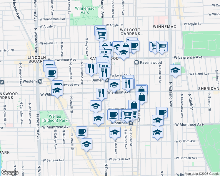 map of restaurants, bars, coffee shops, grocery stores, and more near 4600 North Winchester Avenue in Chicago