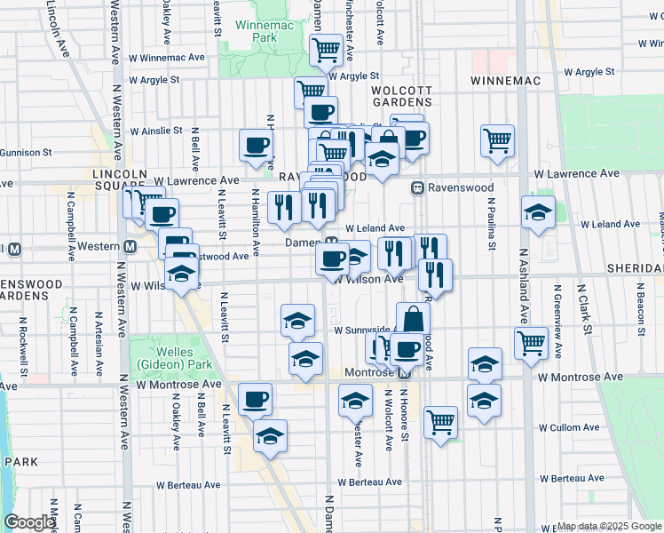 map of restaurants, bars, coffee shops, grocery stores, and more near 4600 North Winchester Avenue in Chicago