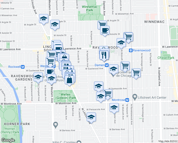 map of restaurants, bars, coffee shops, grocery stores, and more near 2149 West Eastwood Avenue in Chicago