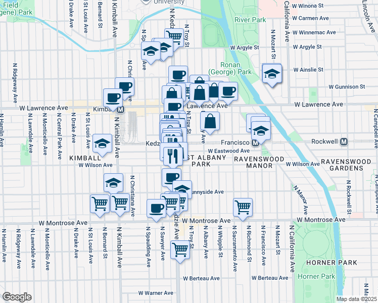 map of restaurants, bars, coffee shops, grocery stores, and more near 3111 West Eastwood Avenue in Chicago