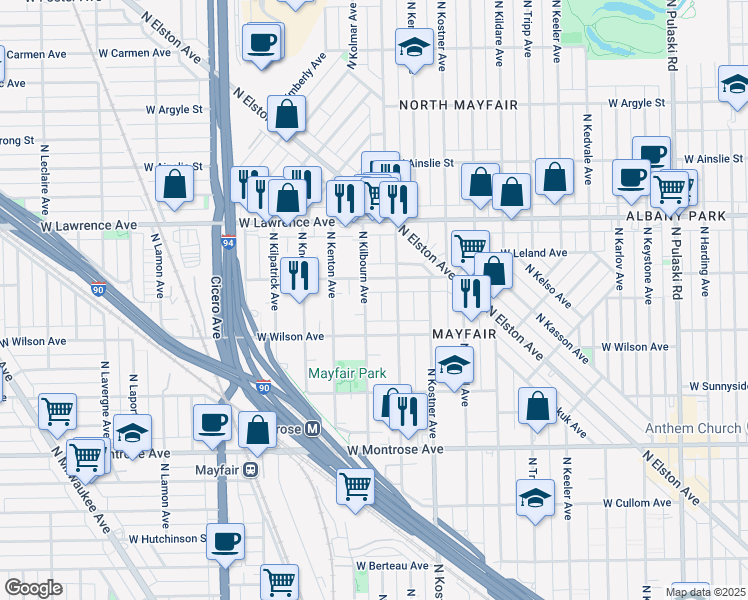 map of restaurants, bars, coffee shops, grocery stores, and more near 4635 North Kilbourn Avenue in Chicago