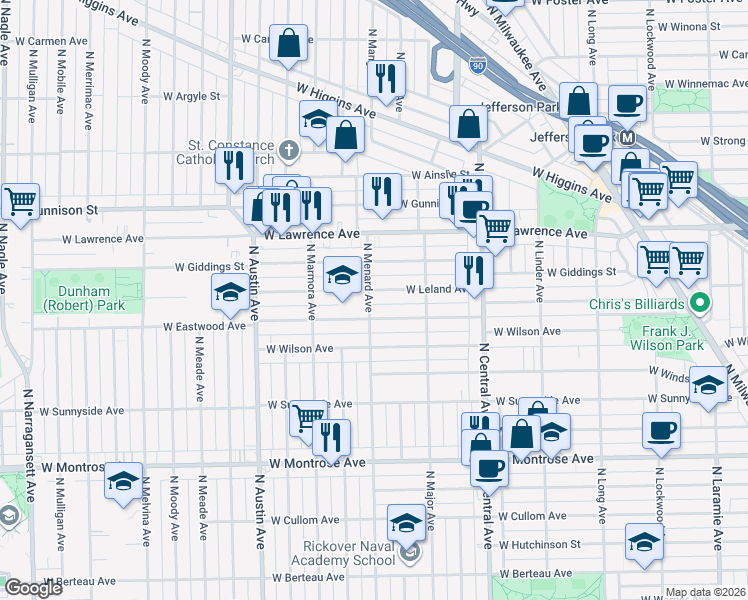 map of restaurants, bars, coffee shops, grocery stores, and more near 4650 North Menard Avenue in Chicago