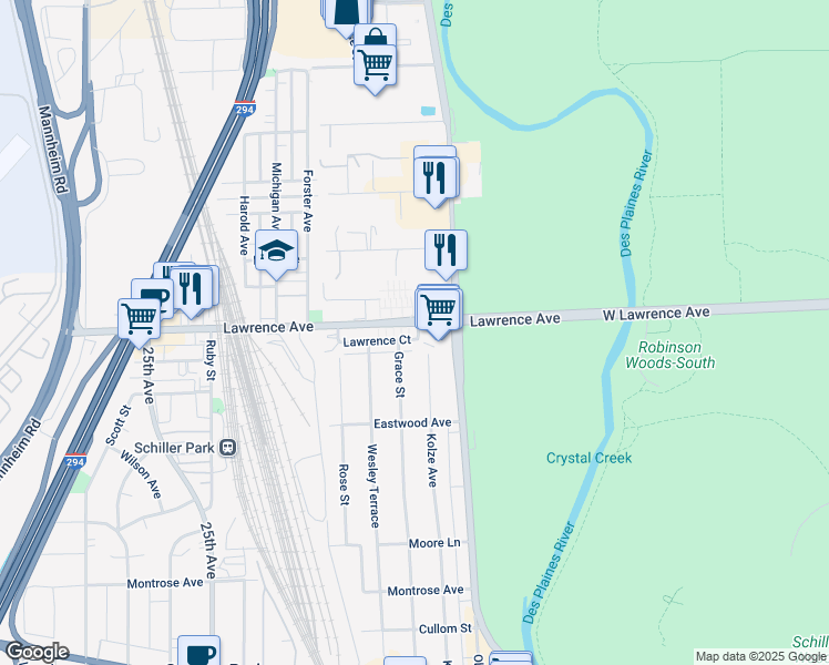 map of restaurants, bars, coffee shops, grocery stores, and more near 4741 Kolze Avenue in Schiller Park