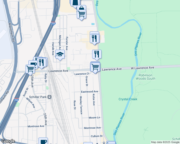map of restaurants, bars, coffee shops, grocery stores, and more near 4741 Kolze Avenue in Schiller Park