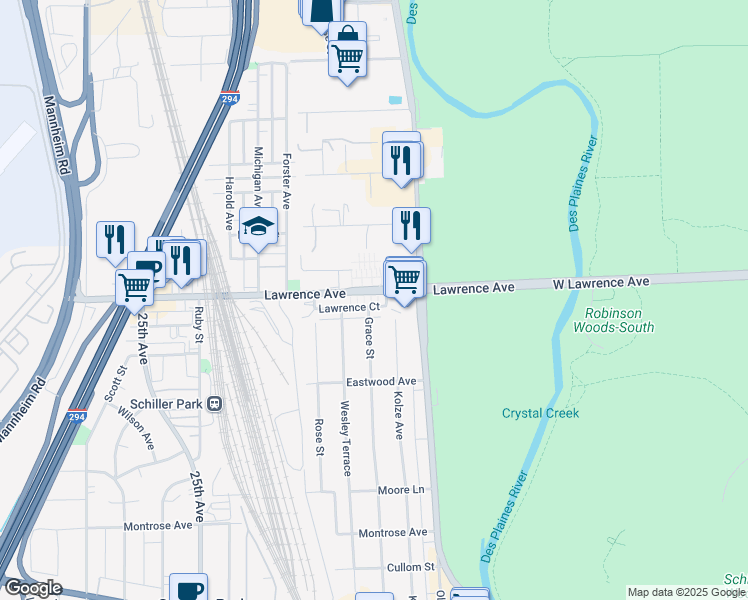 map of restaurants, bars, coffee shops, grocery stores, and more near 9440 Lawrence Court in Schiller Park
