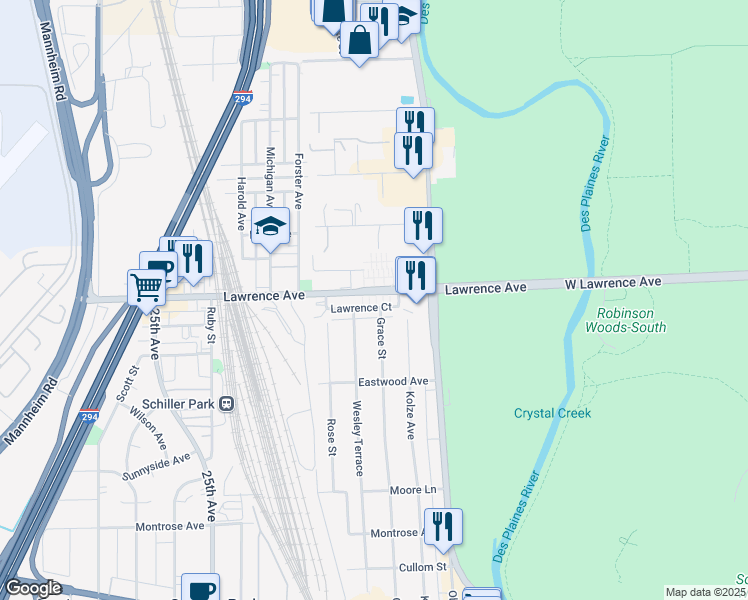 map of restaurants, bars, coffee shops, grocery stores, and more near 9440 Lawrence Court in Schiller Park