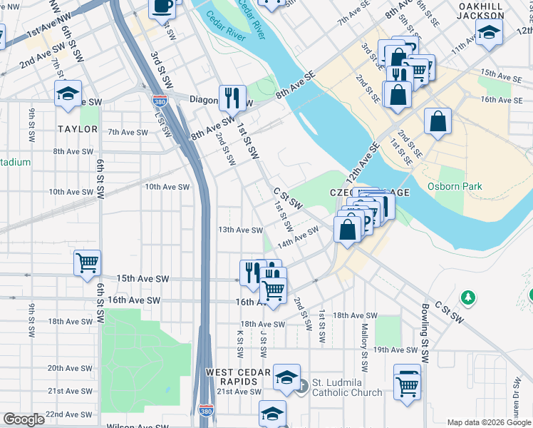map of restaurants, bars, coffee shops, grocery stores, and more near 182 13th Avenue Southwest in Cedar Rapids