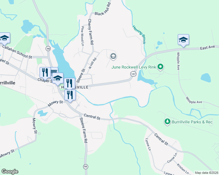 map of restaurants, bars, coffee shops, grocery stores, and more near 175 East Avenue in Burrillville