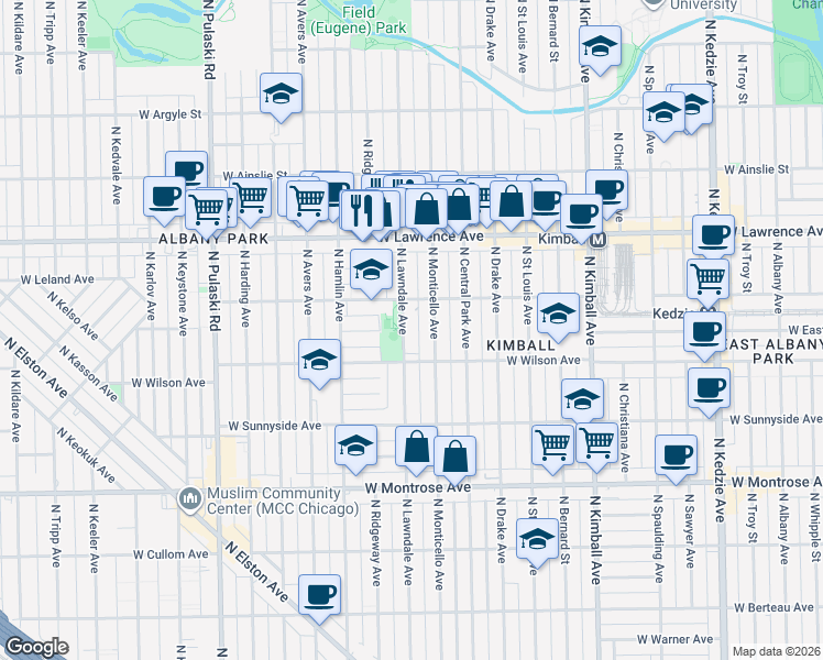 map of restaurants, bars, coffee shops, grocery stores, and more near 4624 North Monticello Avenue in Chicago