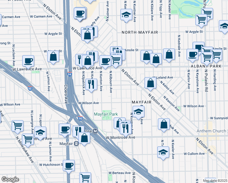 map of restaurants, bars, coffee shops, grocery stores, and more near 4635 North Kilbourn Avenue in Chicago