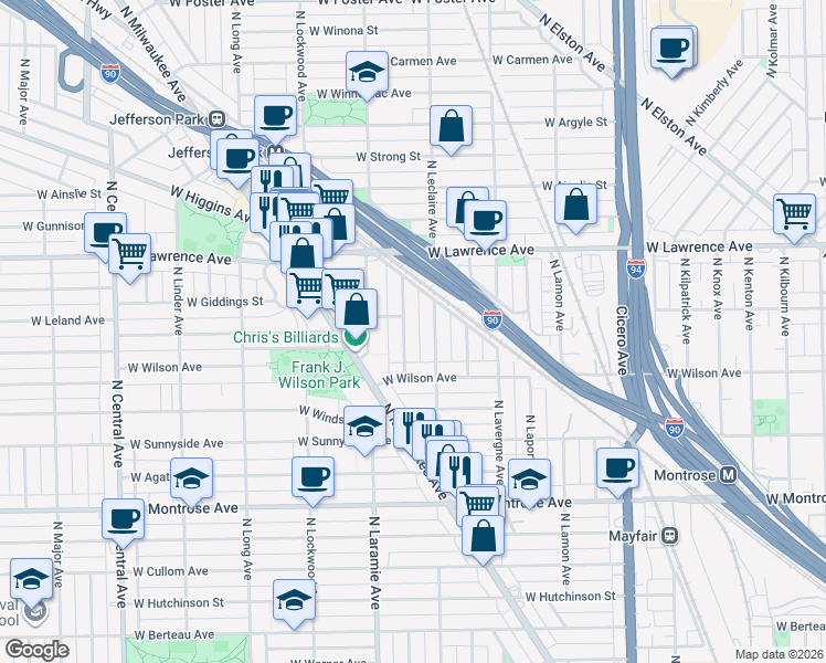map of restaurants, bars, coffee shops, grocery stores, and more near 4643 North Leamington Avenue in Chicago