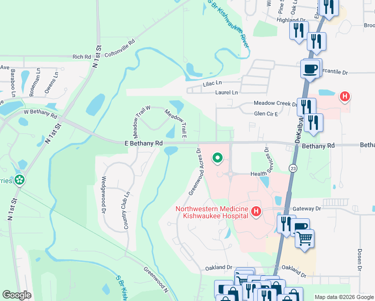 map of restaurants, bars, coffee shops, grocery stores, and more near 550 Bethany Road in DeKalb
