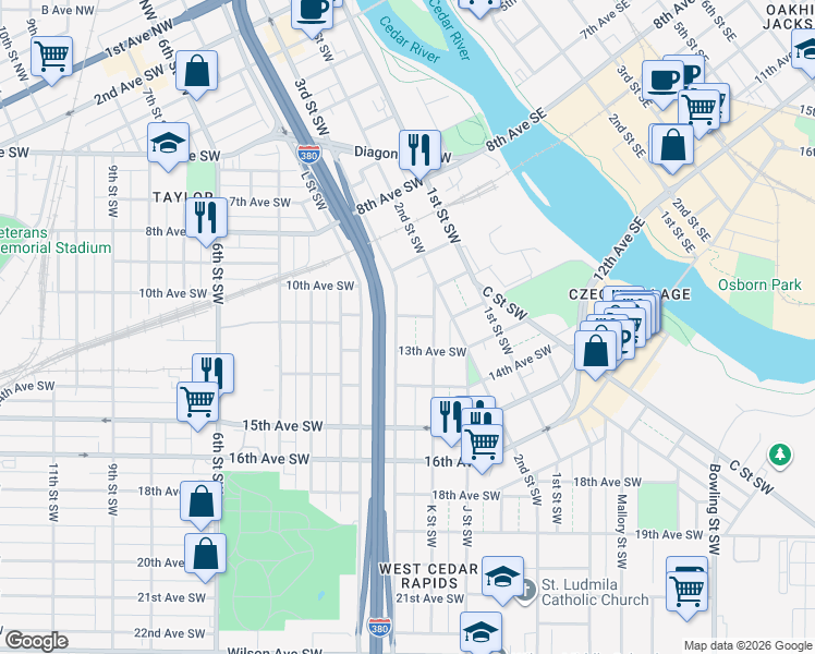 map of restaurants, bars, coffee shops, grocery stores, and more near 1213 3rd St SW in Cedar Rapids