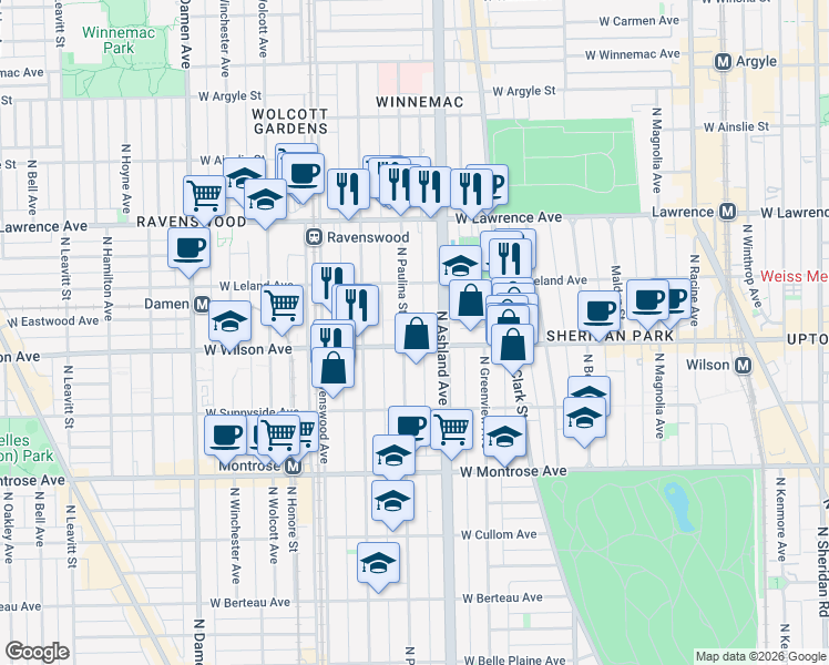 map of restaurants, bars, coffee shops, grocery stores, and more near 4613 North Paulina Street in Chicago