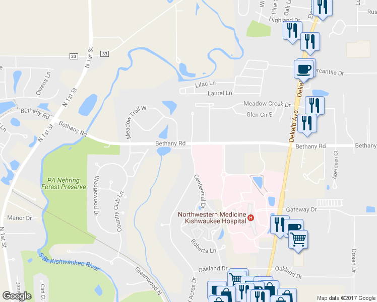 map of restaurants, bars, coffee shops, grocery stores, and more near 550 Bethany Road in DeKalb