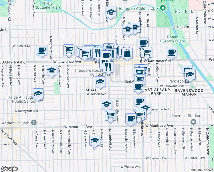 map of restaurants, bars, coffee shops, grocery stores, and more near 18 North Kimball Avenue in Chicago