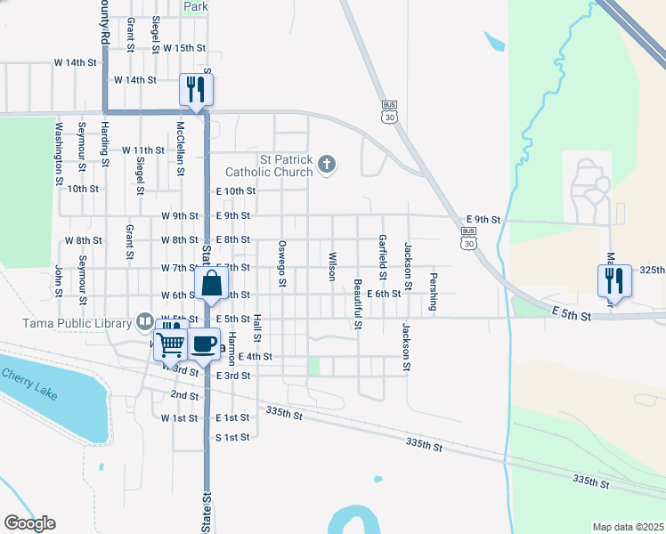 map of restaurants, bars, coffee shops, grocery stores, and more near 599 E 7th St in Tama