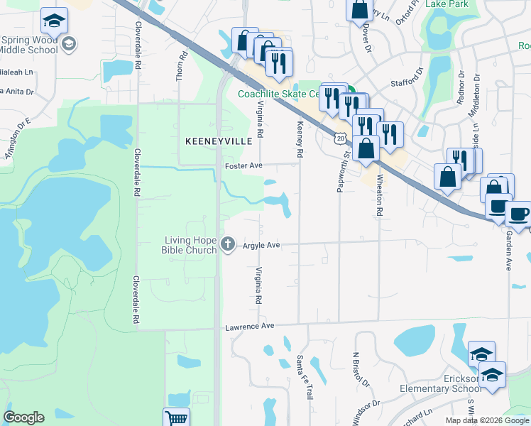 map of restaurants, bars, coffee shops, grocery stores, and more near 6N275 Virginia Road in Roselle