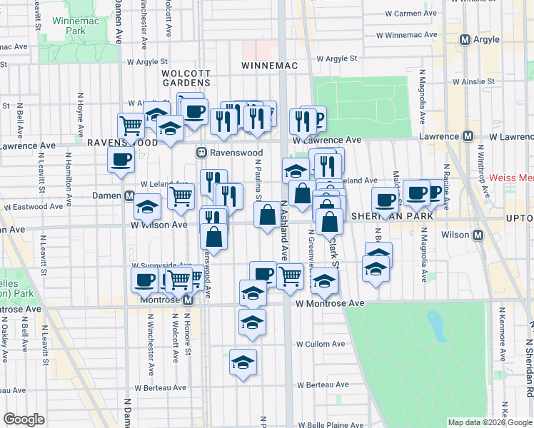 map of restaurants, bars, coffee shops, grocery stores, and more near 4613 North Paulina Street in Chicago