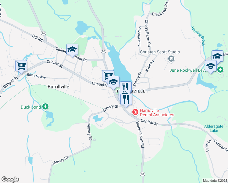 map of restaurants, bars, coffee shops, grocery stores, and more near 135 Harrisville Main Street in Burrillville