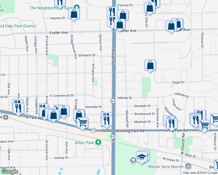 map of restaurants, bars, coffee shops, grocery stores, and more near 1205 Twin Oak Street in Bensenville