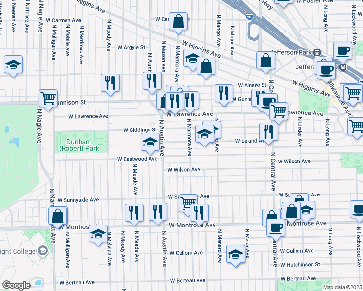 map of restaurants, bars, coffee shops, grocery stores, and more near 5915 West Leland Avenue in Chicago