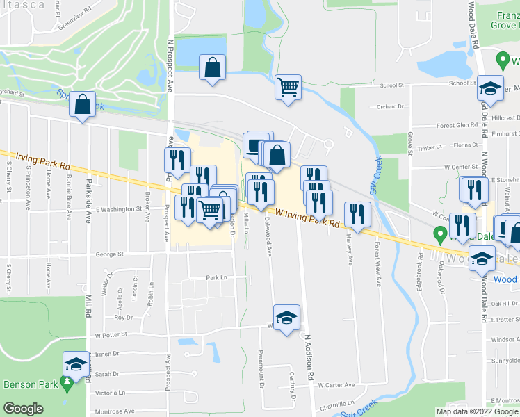 map of restaurants, bars, coffee shops, grocery stores, and more near 396 East Irving Park Road in Wood Dale