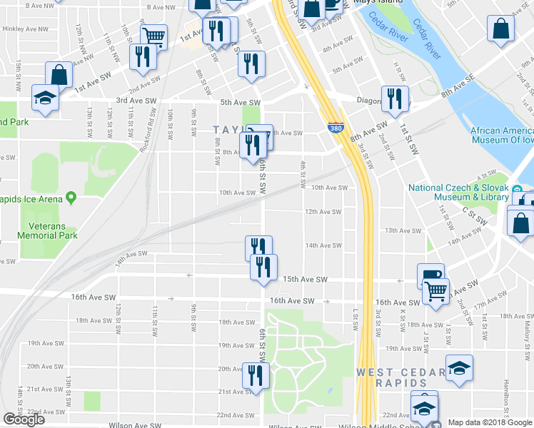 map of restaurants, bars, coffee shops, grocery stores, and more near 1201 6th Street Southwest in Cedar Rapids