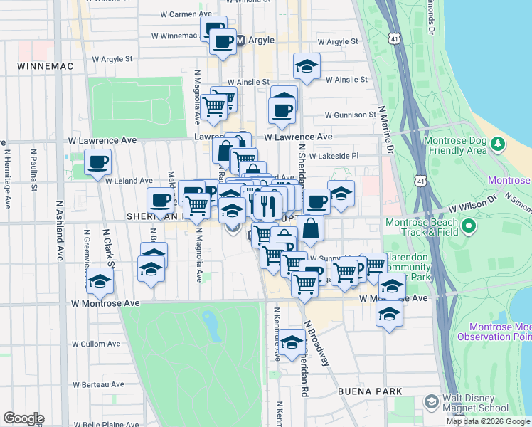 map of restaurants, bars, coffee shops, grocery stores, and more near 1054 West Wilson Avenue in Chicago