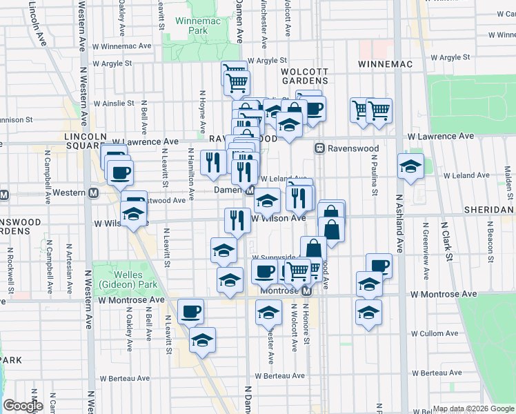 map of restaurants, bars, coffee shops, grocery stores, and more near 4600 North Winchester Avenue in Chicago