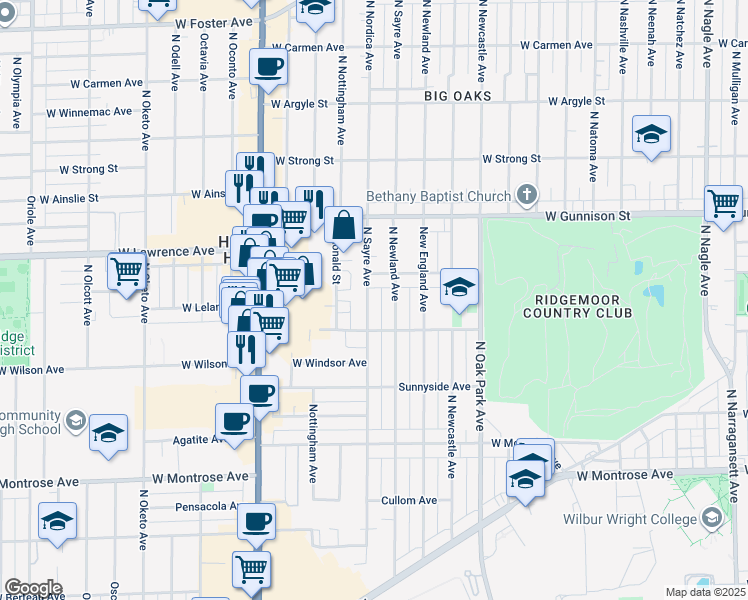 map of restaurants, bars, coffee shops, grocery stores, and more near 4631 North Sayre Avenue in Harwood Heights