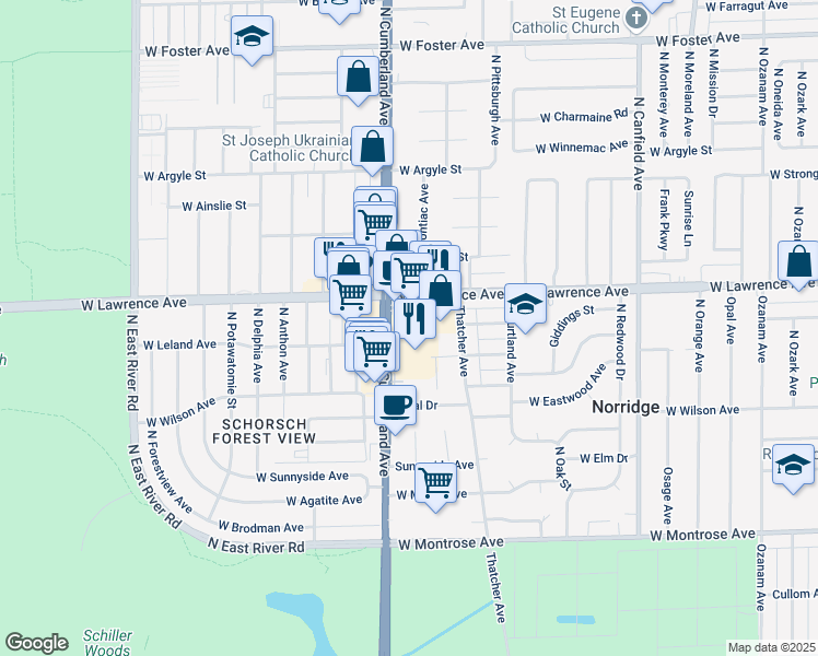 map of restaurants, bars, coffee shops, grocery stores, and more near 8325 West Lawrence Avenue in Norridge