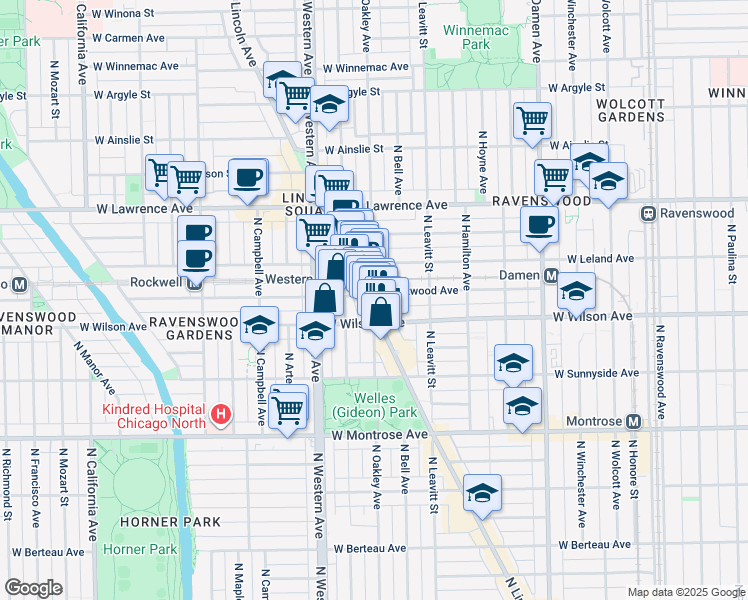 map of restaurants, bars, coffee shops, grocery stores, and more near 4621 North Lincoln Avenue in Chicago