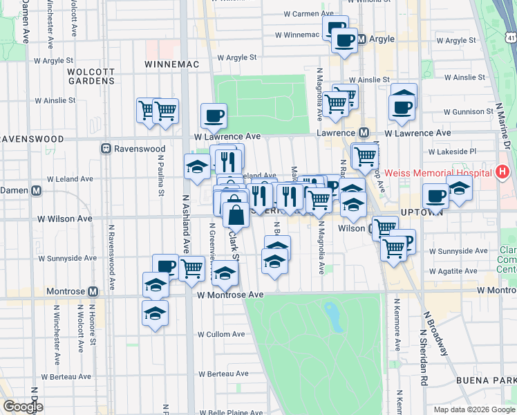 map of restaurants, bars, coffee shops, grocery stores, and more near 1352 West Wilson Avenue in Chicago