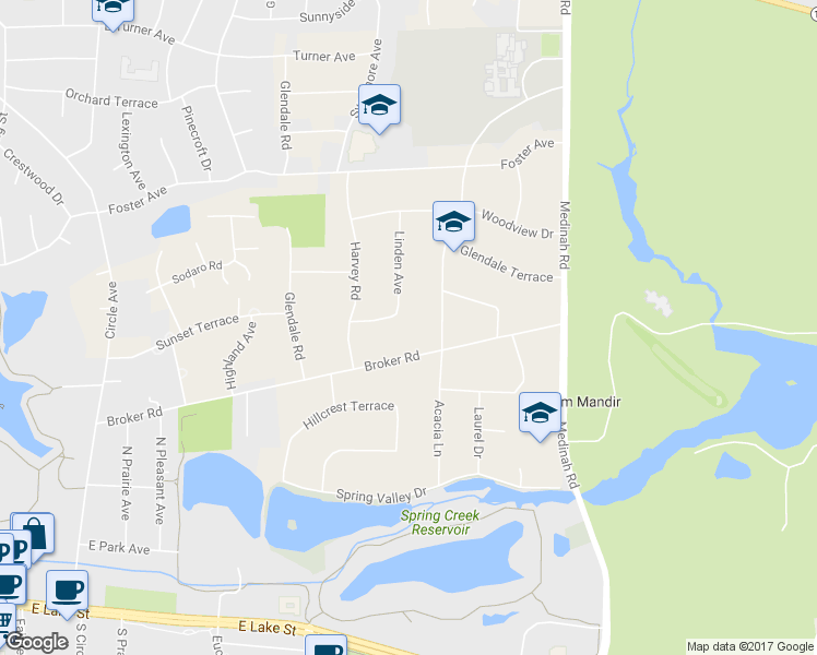 map of restaurants, bars, coffee shops, grocery stores, and more near 22W251 Sunset Terrace in Medinah