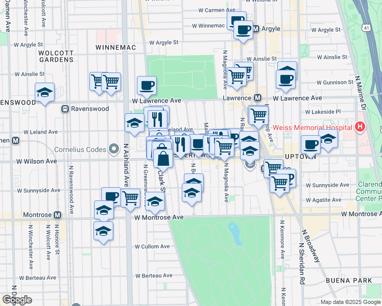map of restaurants, bars, coffee shops, grocery stores, and more near 1352 West Wilson Avenue in Chicago