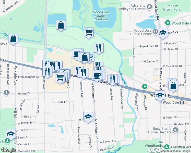 map of restaurants, bars, coffee shops, grocery stores, and more near 337 West Irving Park Road in Wood Dale