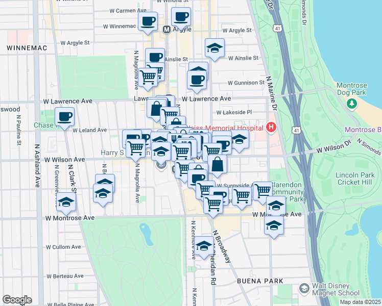 map of restaurants, bars, coffee shops, grocery stores, and more near 1054 West Wilson Avenue in Chicago