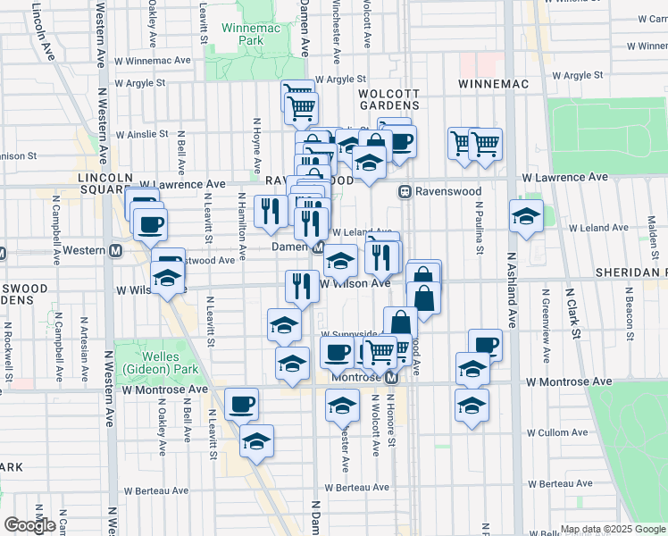 map of restaurants, bars, coffee shops, grocery stores, and more near 4600 North Winchester Avenue in Chicago