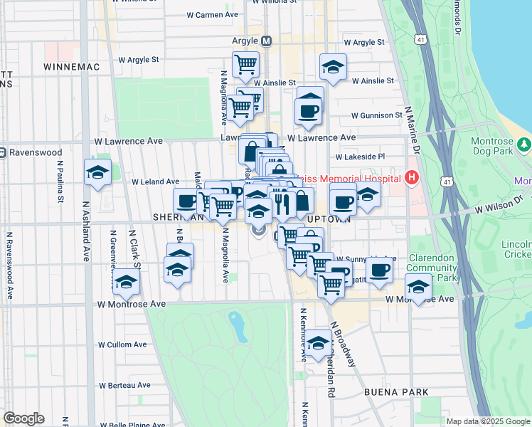 map of restaurants, bars, coffee shops, grocery stores, and more near 1122 West Wilson Avenue in Chicago