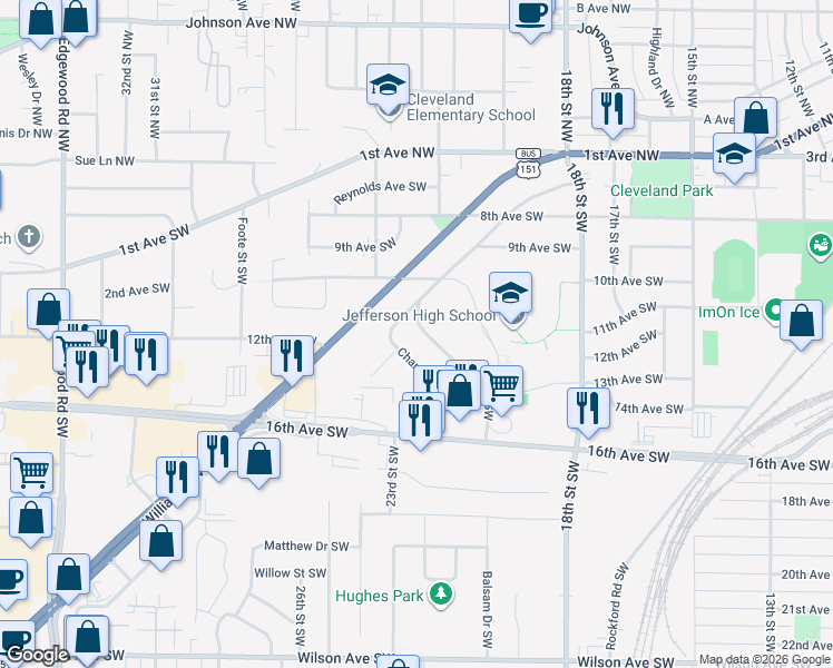 map of restaurants, bars, coffee shops, grocery stores, and more near 1124 20th Street Southwest in Cedar Rapids