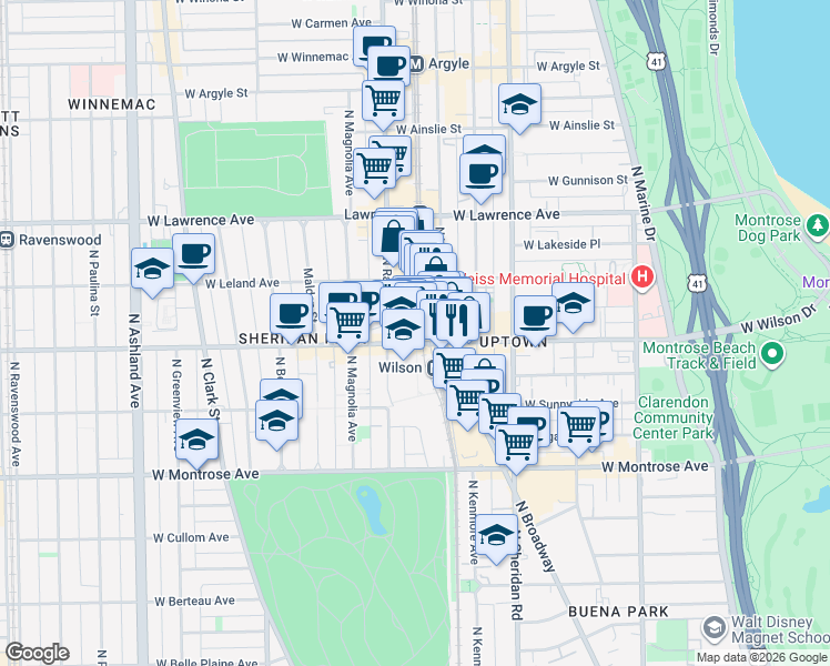map of restaurants, bars, coffee shops, grocery stores, and more near 1128 West Wilson Avenue in Chicago