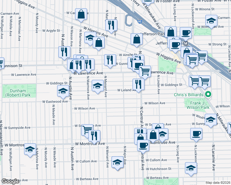 map of restaurants, bars, coffee shops, grocery stores, and more near 5727 West Leland Avenue in Chicago