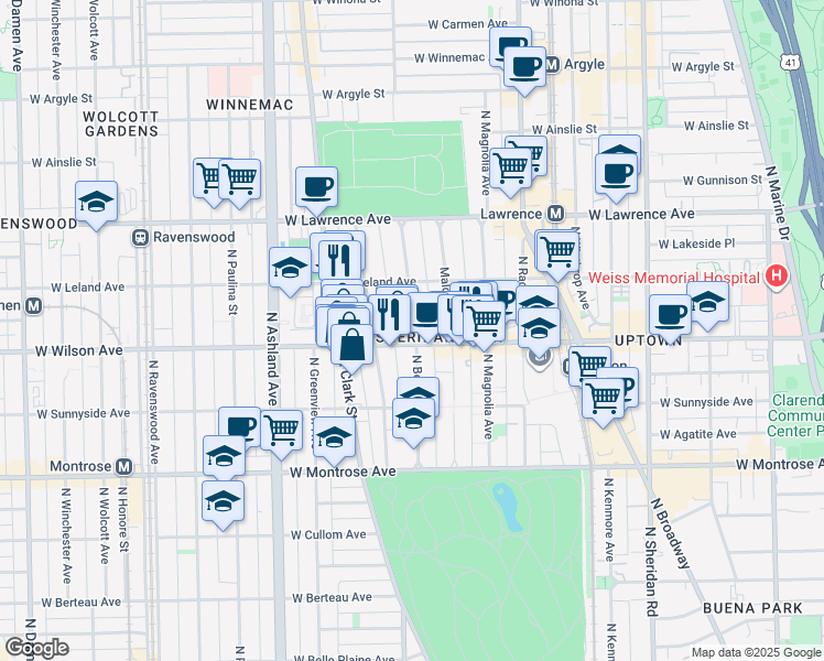 map of restaurants, bars, coffee shops, grocery stores, and more near 1352 West Wilson Avenue in Chicago