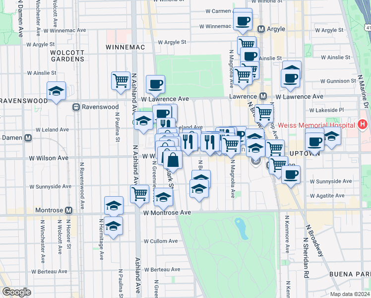 map of restaurants, bars, coffee shops, grocery stores, and more near 1352 West Wilson Avenue in Chicago