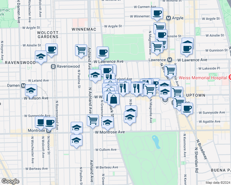 map of restaurants, bars, coffee shops, grocery stores, and more near 1410 West Wilson Avenue in Chicago