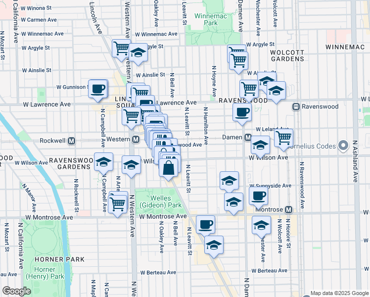 map of restaurants, bars, coffee shops, grocery stores, and more near 4612 North Leavitt Street in Chicago
